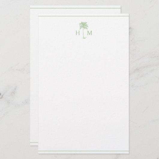 Groene en witte palmboom Monogram Briefpapier (Voorkant / Achterkant)