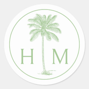 Groene en witte palmboom Monogram Ronde Sticker