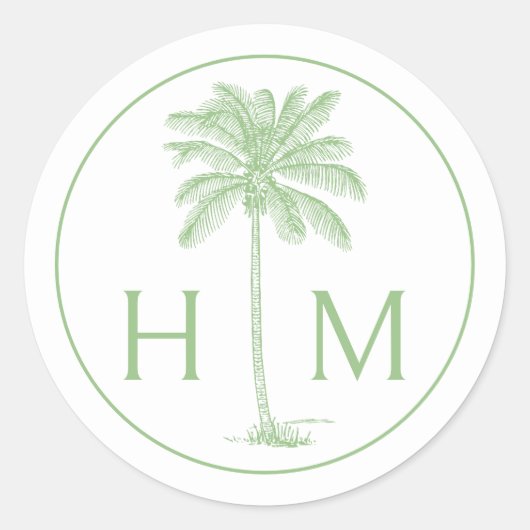Groene en witte palmboom Monogram Ronde Sticker (Voorkant)