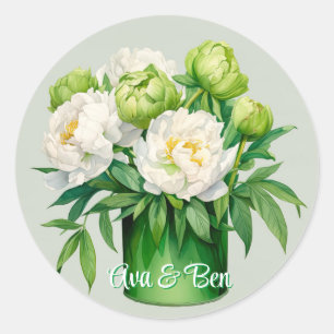 Groene en Witte Pioen Elegante Trouwdag Ronde Sticker