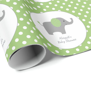Groene en witte Polka Dot Olifant Baby shower Cadeaupapier