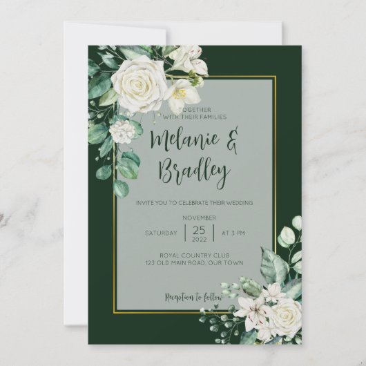 Groene en witte rozen elegante bruiloft kaart (Voorkant)