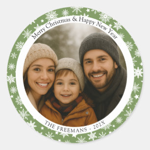 Groene en Witte Sneeuwvlokken Vakantie Foto Ronde Sticker