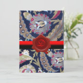 GROENE EN ZWARTE BLAUWE DAMASK, RODE WAX SEAL MONO KAART (Staand voorkant)