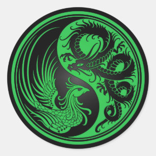 Groene en Zwarte Draak Phoenix Yin Yang Ronde Sticker