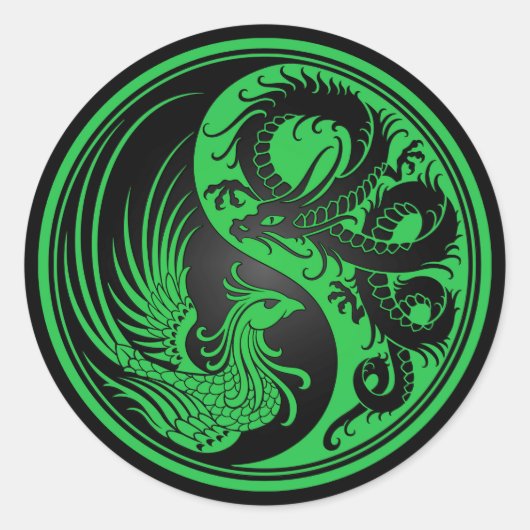 Groene en Zwarte Draak Phoenix Yin Yang Ronde Sticker (Voorkant)