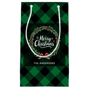 Groene en zwarte kariertakkerstkrans Merry Christm Klein Cadeauzakje