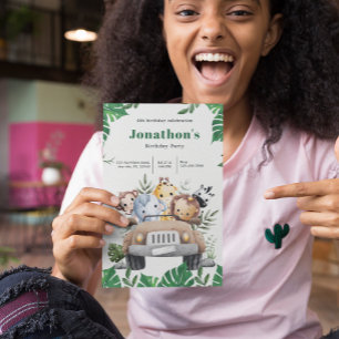 Groene Esthetische Safari Dieren Verjaardag Uitnod Kaart