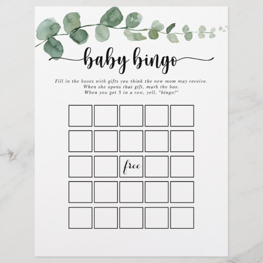 Groene Eucalyptus Baby Bingo Shower Game (Voorkant)