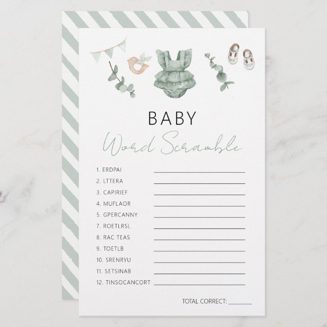 Groene Eucalyptus Baby Meisje Douche Scramble Game (Voorkant / Achterkant)