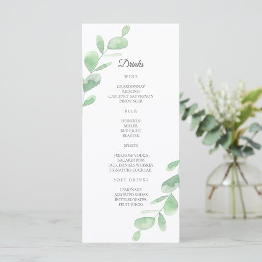 Groene Eucalyptus bladeren. Eenvoudige bruiloft Ba Menu (Staand voorkant)