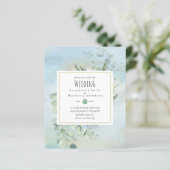 Groene Eucalyptus Blauwe Trouw BUDGET Uitnodiginge (Staand voorkant)