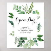Groene Eucalyptus Botanical Wedding Open Bar Sign Poster (Voorkant)