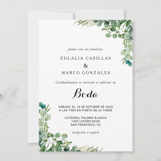 Groene Eucalyptus Botanische Foliage Spaanse bruil Kaart (Voorkant)