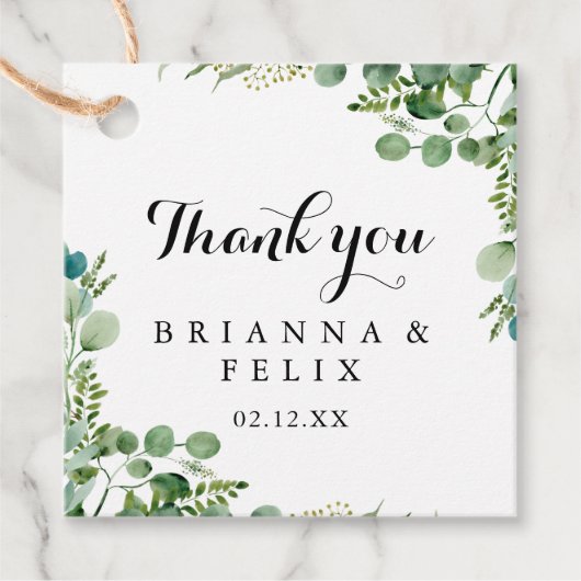 Groene Eucalyptus Botanische kalligrafie Weddensch Bedankjes Labels (Voorkant)
