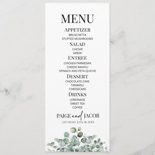 Groene Eucalyptus Botanische Tuin Bruiloft Voedsel Menu (Voorkant)