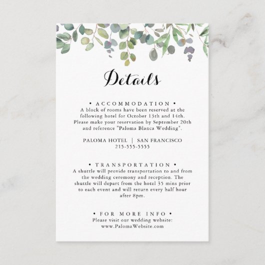 Groene Eucalyptus Foliage Delight Bruiloft Details Informatiekaartje (Voorkant)