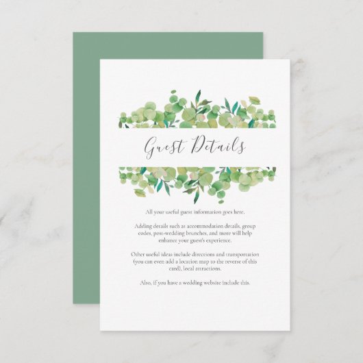 Groene Eucalyptus Gast Informatie Details Informatiekaartje (Voorkant / Achterkant)