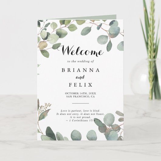 Groene Eucalyptus gebladerte gevouwen bruiloft Programma (Voorkant)