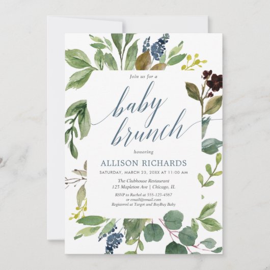 Groene eucalyptus genderneutraal baby brunch kaart (Voorkant)