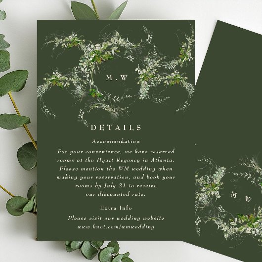 Groene Eucalyptus krans Monogram Bruiloft Details Informatiekaartje