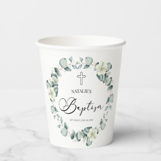 Groene eucalyptus laat botanische doop papieren bekers (Achterkant)