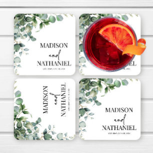 Groene eucalyptus laat groen botanisch bruiloft vierkante kartonnen onderzetter