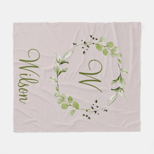 Groene Eucalyptus & Leaf Krans Script Monogram Fleece Deken (Voorkant (Horizontaal))