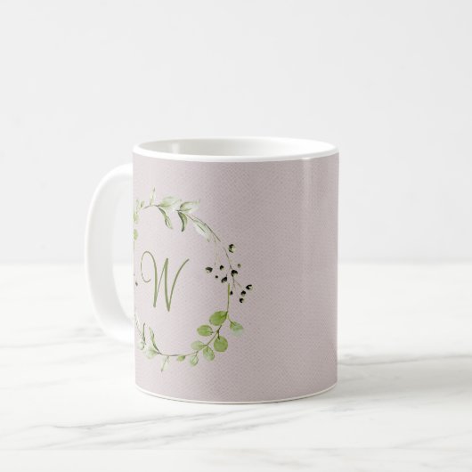 Groene Eucalyptus & Leaf Krans Script Monogram Koffiemok (Voorkant links)