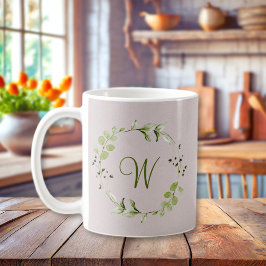 Groene Eucalyptus & Leaf Krans Script Monogram Koffiemok