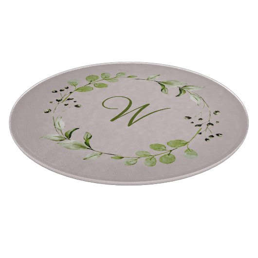 Groene Eucalyptus & Leaf Krans Script Monogram Snijplank (Hoek)