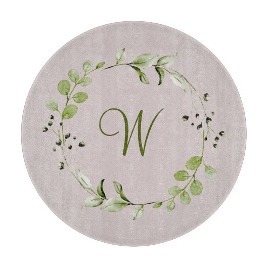 Groene Eucalyptus & Leaf Krans Script Monogram Snijplank (Voorkant)