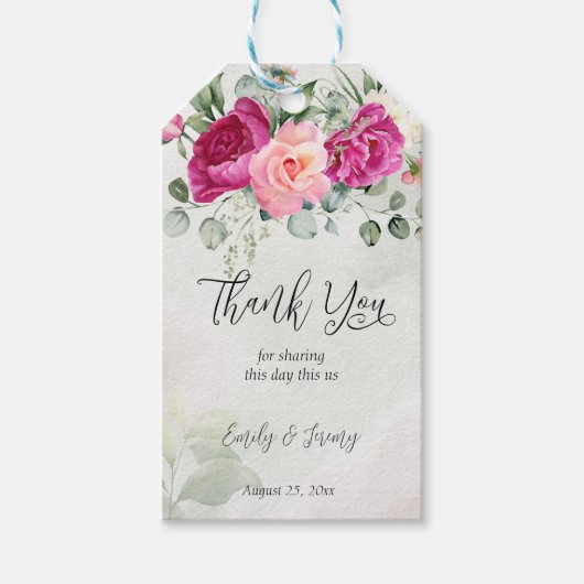 Groene eucalyptus magenta pioenrozen gunst cadeaulabel (Voorkant)