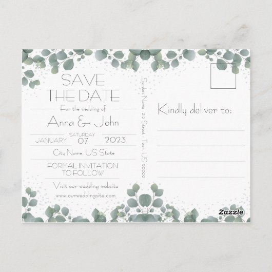 Groene Eucalyptus Modern groen De datum opslaan Briefkaart (Achterkant)