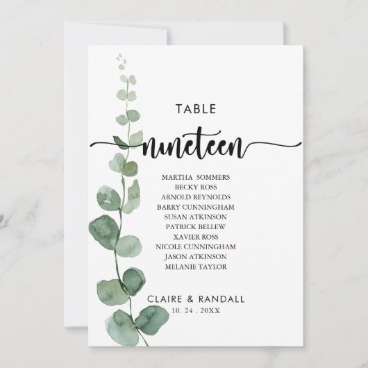 Groene Eucalyptus Tabel Nummer 19 Zitkuur Kaart (Voorkant)