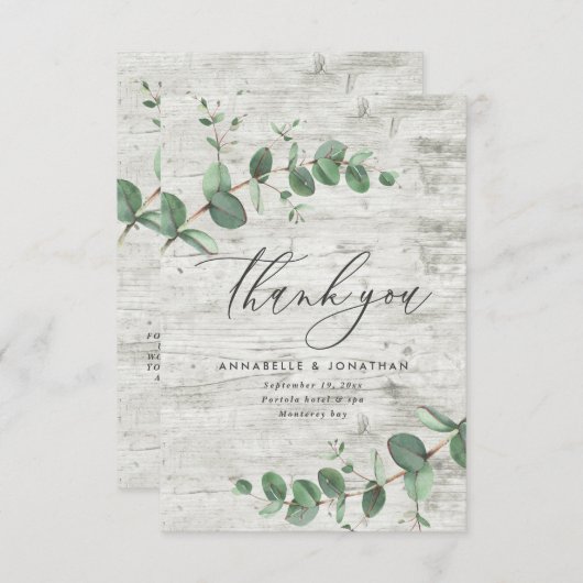 Groene Eucalyptus Witte Hout bruiloft Dank u RSVP Kaartje (Voorkant / Achterkant)