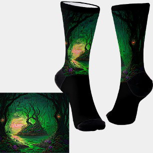 Groene Fantasy Garden Scene op zwart Sokken