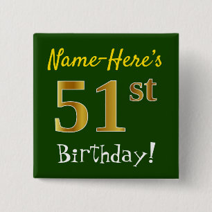Groene, Faux Gold 51st verjaardag, met aangepaste  Vierkante Button 5,1 Cm