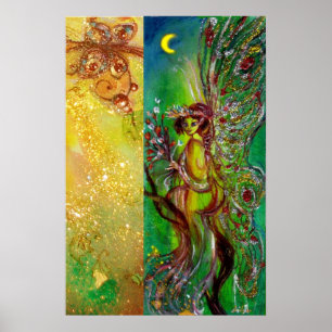 GROENE FEËR MET GOUDEN BLOEMENGLINSTERING IN MAANL POSTER