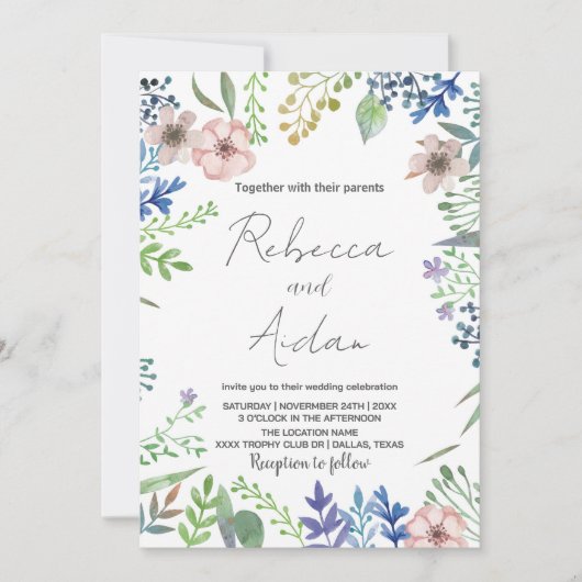 Groene Floral Wedding Invitations Kaart (Voorkant)