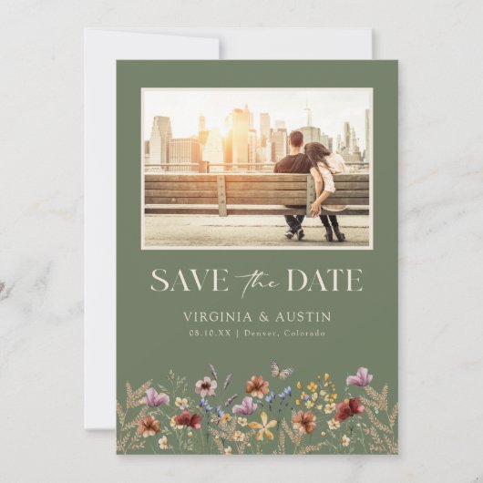 Groene Foto Bloem QR Code Bewaar de Datum Save The Date (Voorkant)