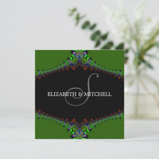Groene Fractal Lace Monogram Weddenschap Kaart (Staand voorkant)