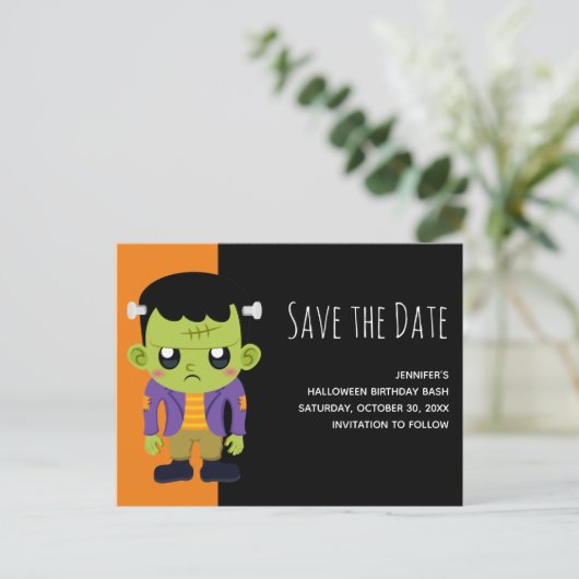 Groene Frankenstein Monster Halloween Save the Dat Uitnodiging Briefkaart (Staand voorkant)