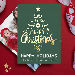 Groene Fun Goud Wij wensen u een vrolijk kerstboom Folie Feestdagenkaart