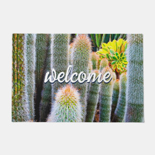 Groene Fuzzy Cactussen Close-up Foto Welkomstscrip Deurmat