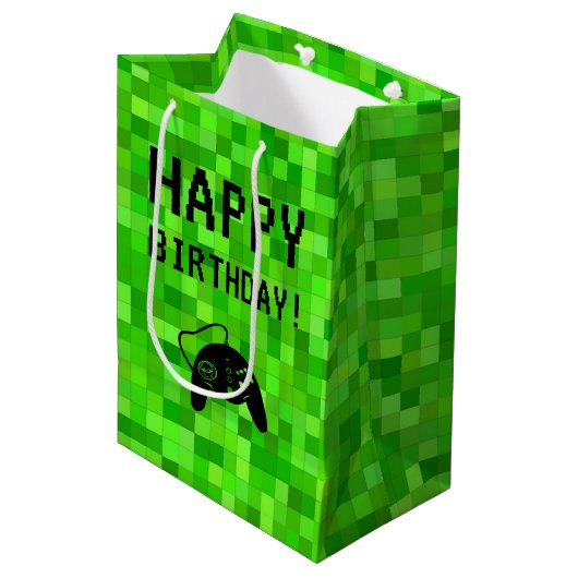 Groene gamerpixels | Aangepaste geboortedag Medium Cadeauzakje (Voorkant Gekanteld)