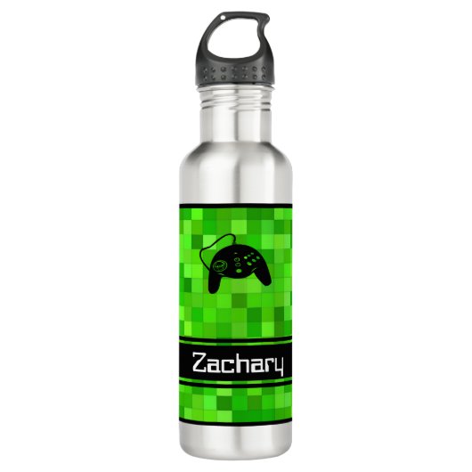 Groene gamerpixels | Gepersonaliseerd Waterfles (Voorkant)