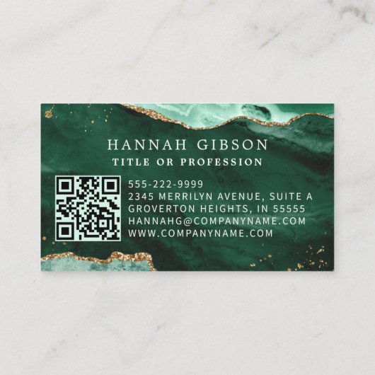 Groene geagate Script Monogram QR Code Glitter Visitekaartje (Achterkant)