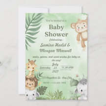 Groene Geïllustreerde Dieren Baby Shower Uitnodigi