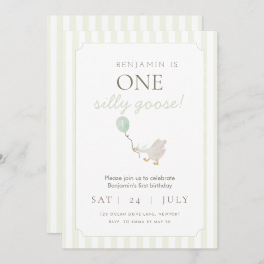 Groene Gekke Gans Eerste Verjaardag Uitnodiging (Voorkant / Achterkant)